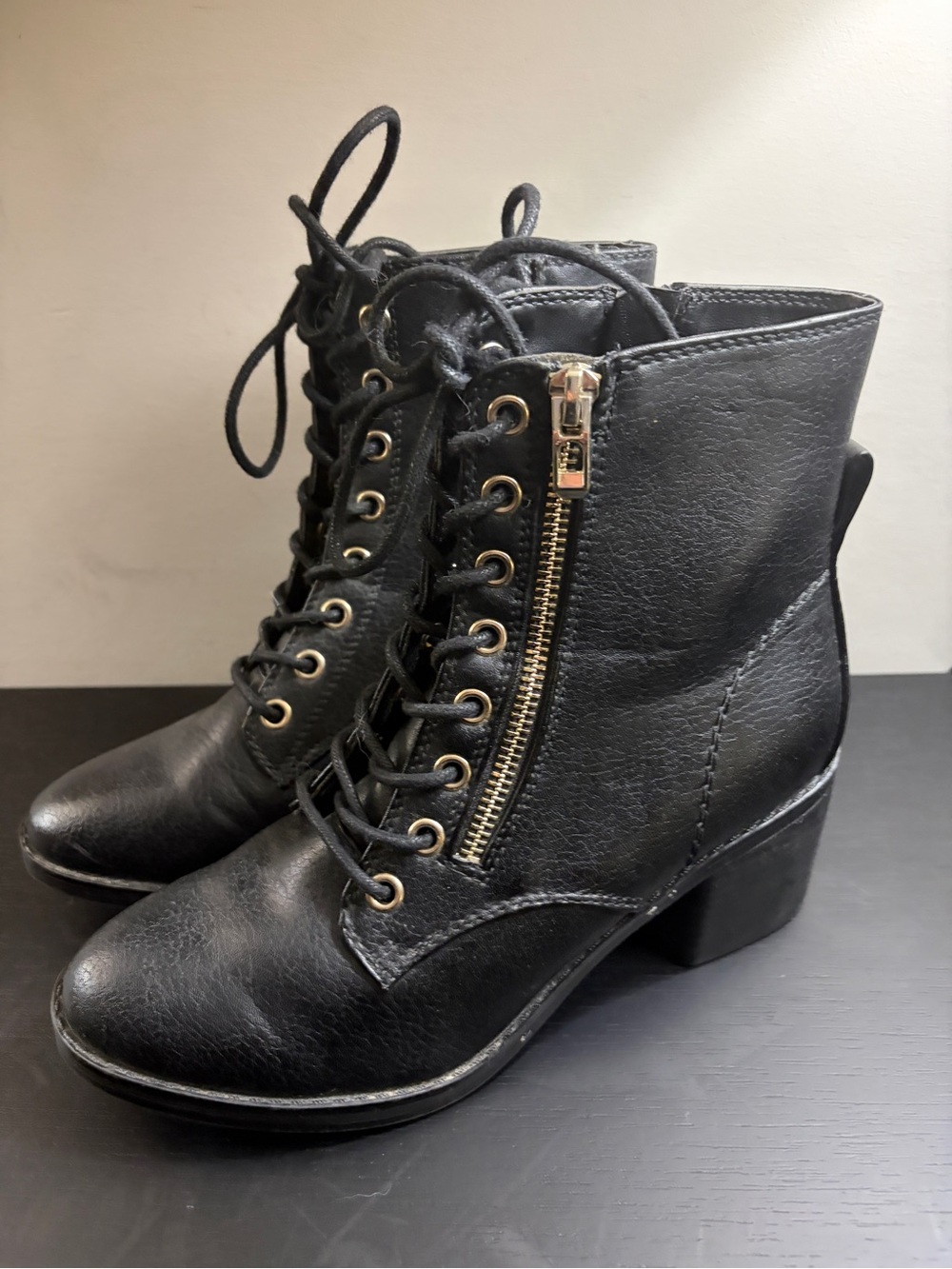 Call It Spring Black Lace-Up Ankle Booties with Gold Zip